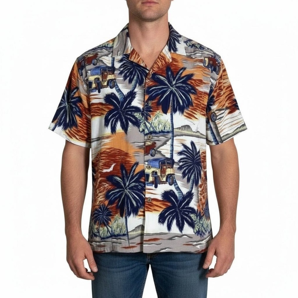 Thums Up Hawaiian Aloha Shirt‎ XL Palm Trees Cars Birds Beach Orange Green